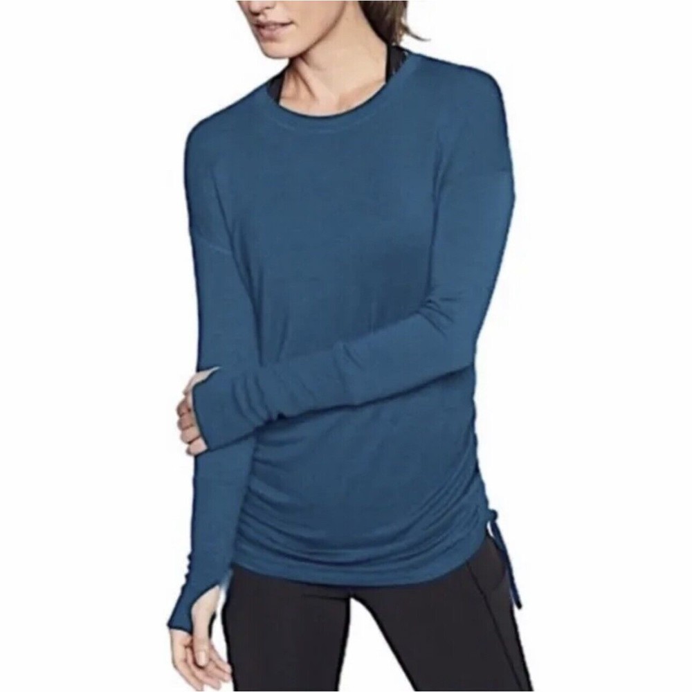 Athleta Drishti Ruched Long Sleeve Sweatshirt Coastal Teal Size MED MSRP $89